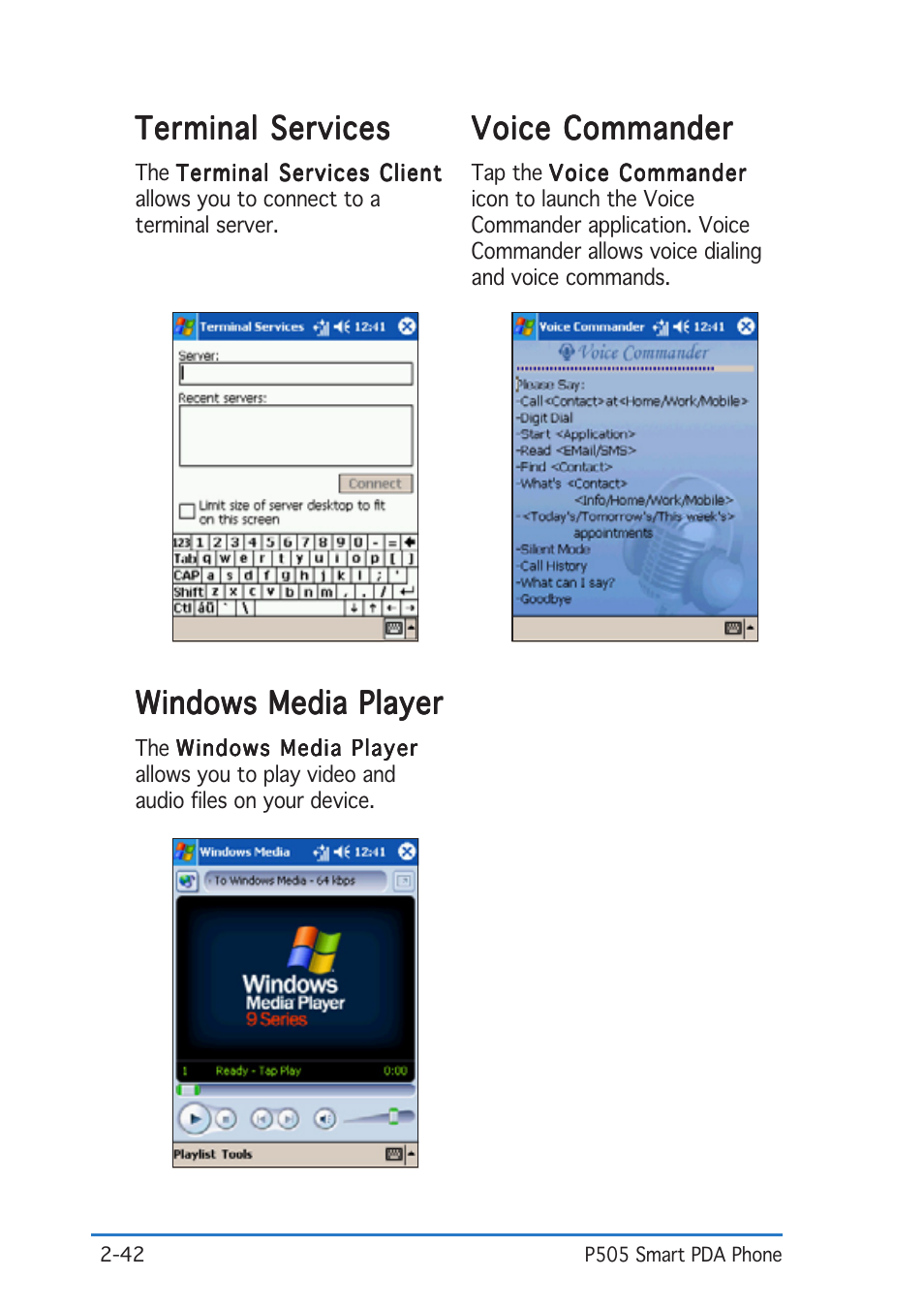 Windows media player, Voice commander, Terminal services | Asus P505 User Manual | Page 62 / 326