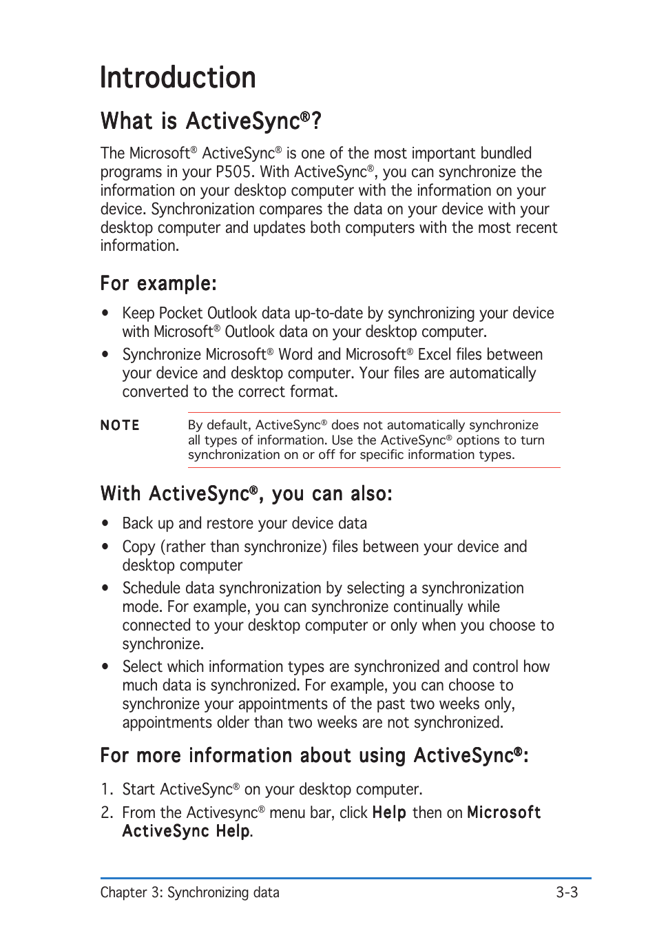 Introduction, What is activesync, For example | With activesync, You can also, For more information about using activesync | Asus P505 User Manual | Page 69 / 326