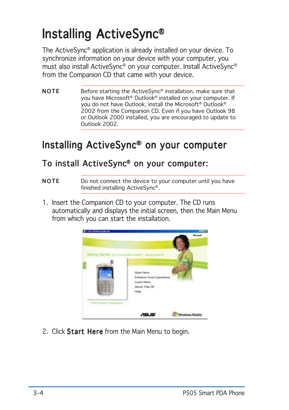 Installing activesync, On your computer | Asus P505 User Manual | Page 70 / 326