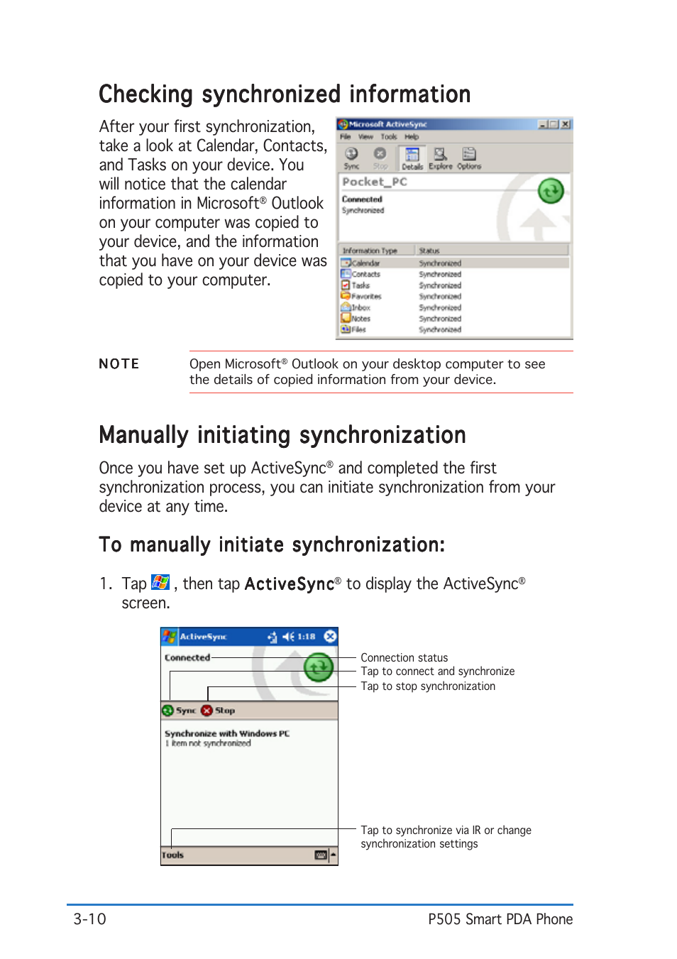 Manually initiating synchronization, Checking synchronized information | Asus P505 User Manual | Page 76 / 326