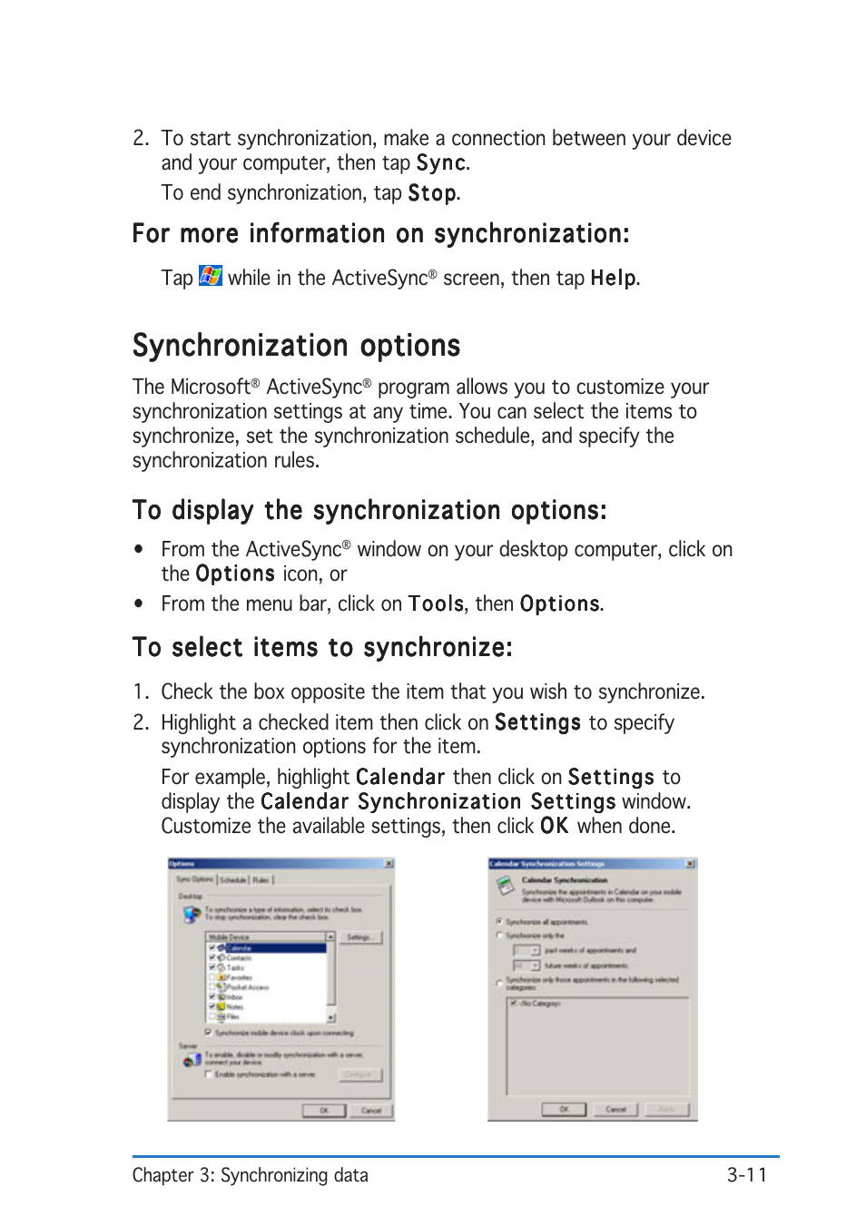 Synchronization options | Asus P505 User Manual | Page 77 / 326