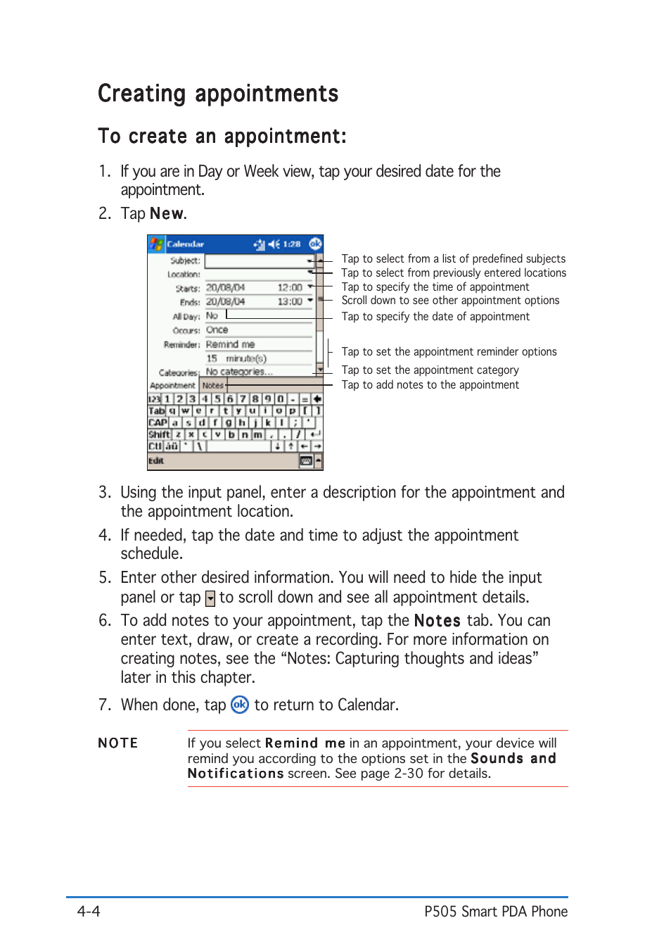 Creating appointments | Asus P505 User Manual | Page 82 / 326