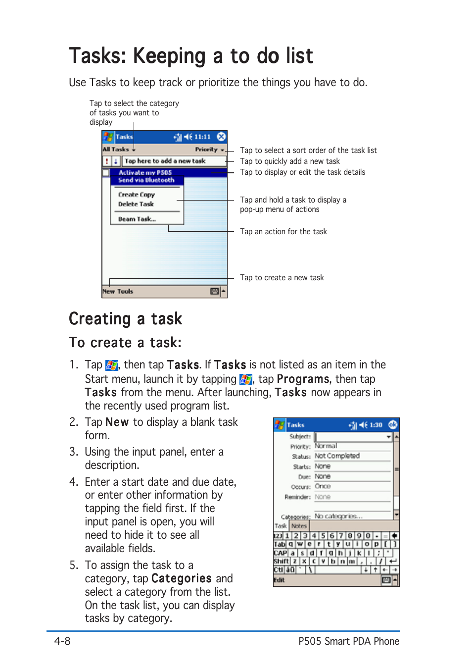 Tasks: keeping a to do list, Creating a task | Asus P505 User Manual | Page 86 / 326