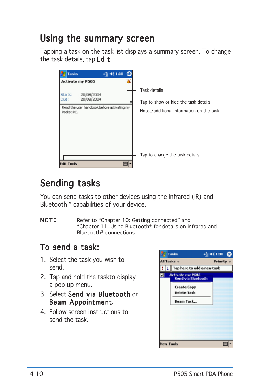 Using the summary screen, Sending tasks | Asus P505 User Manual | Page 88 / 326