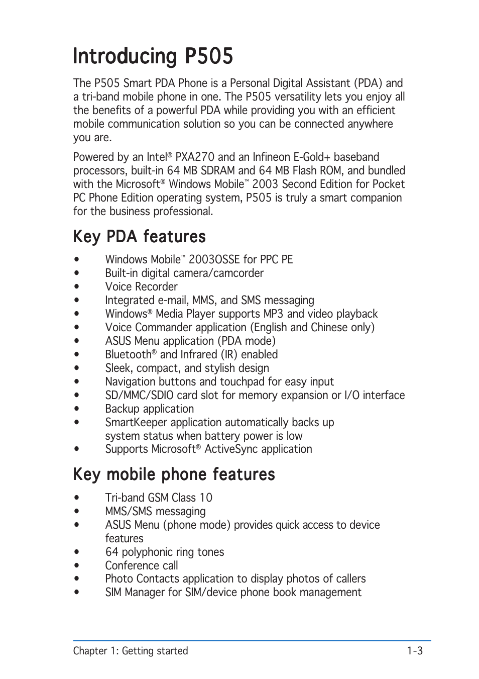 Introducing p505, Key pda features, Key mobile phone features | Asus P505 User Manual | Page 9 / 326