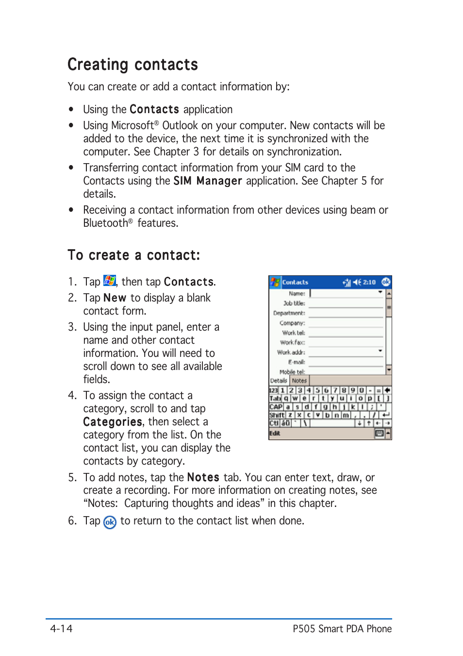 Creating contacts | Asus P505 User Manual | Page 92 / 326