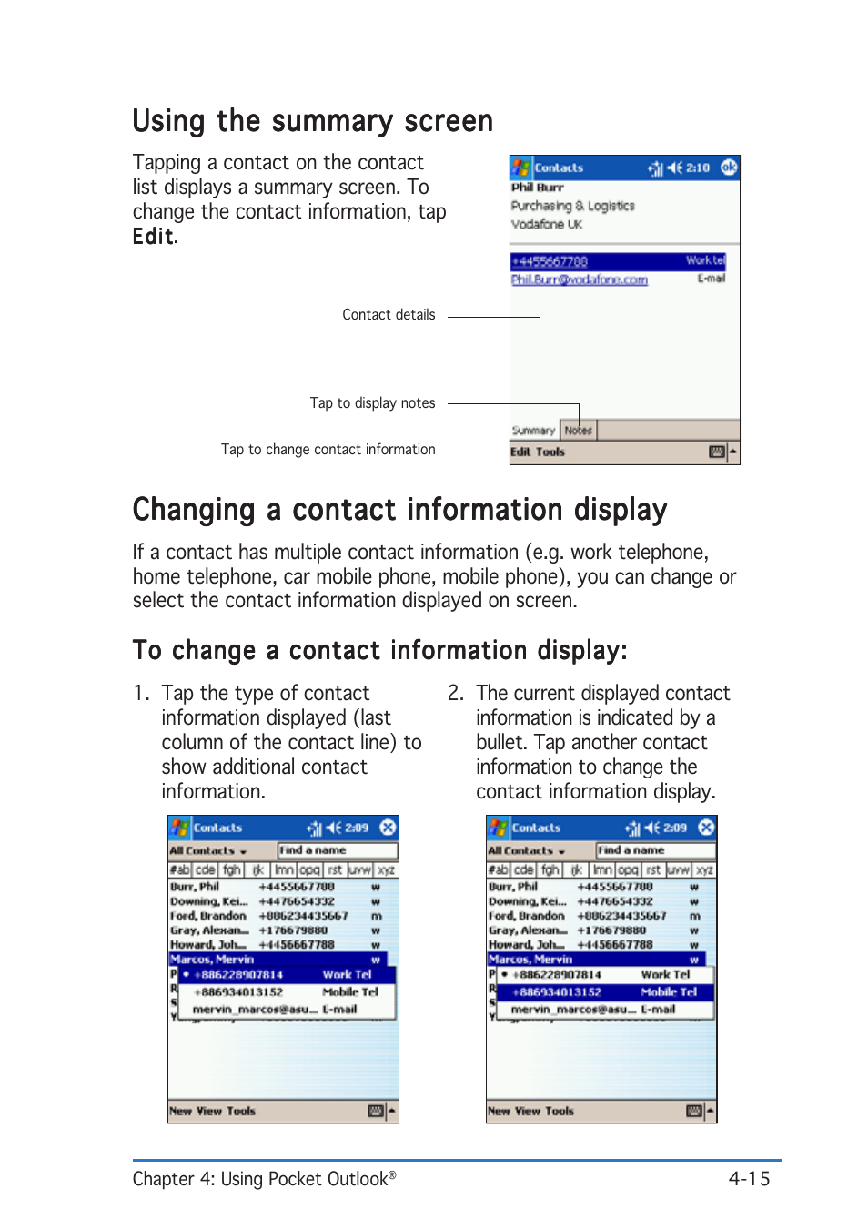 Using the summary screen, Changing a contact information display | Asus P505 User Manual | Page 93 / 326