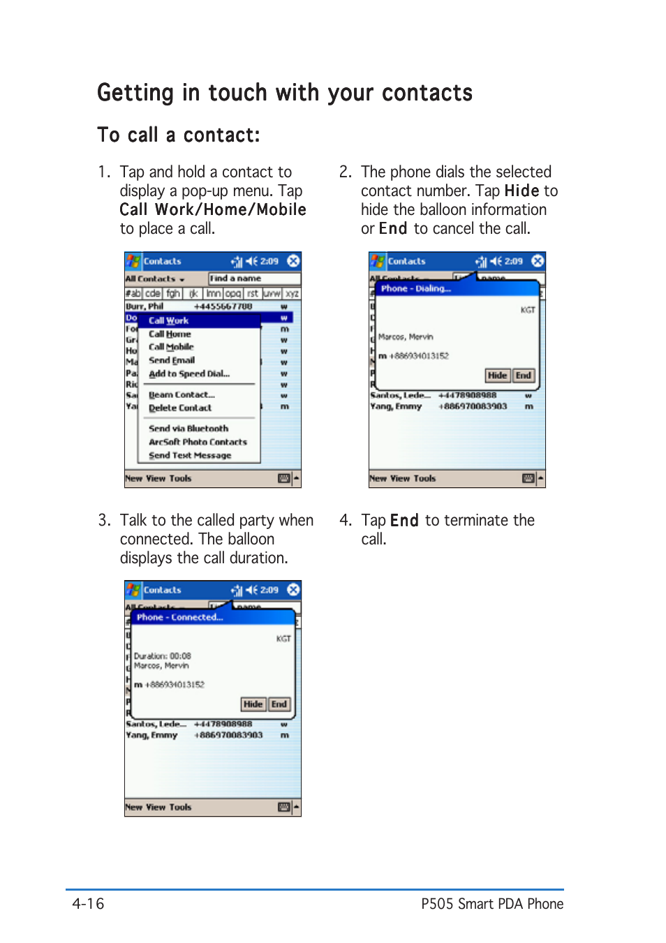 Getting in touch with your contacts | Asus P505 User Manual | Page 94 / 326