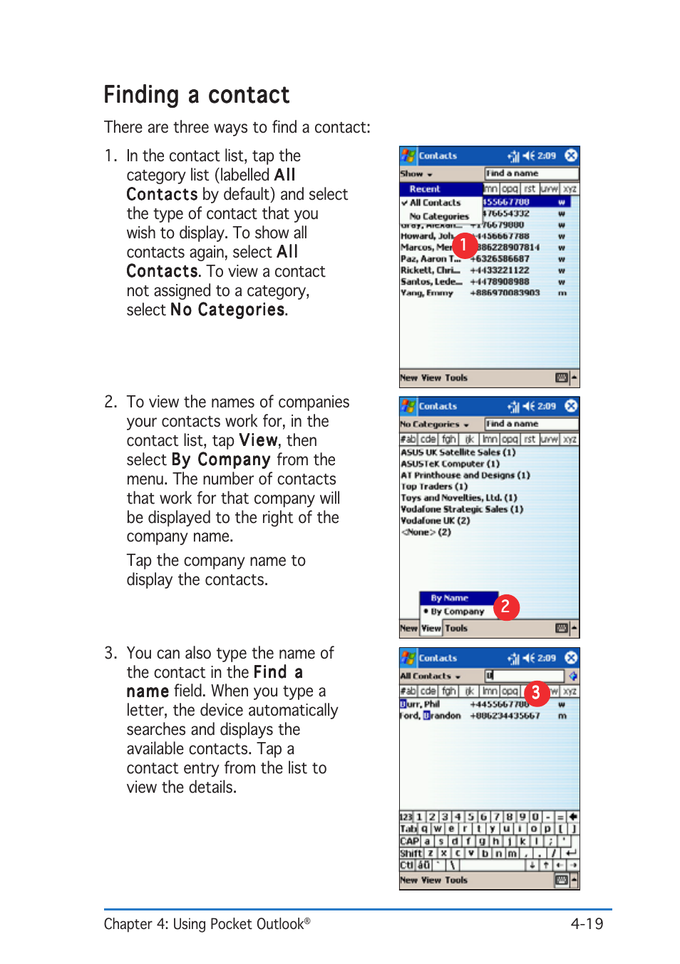 Finding a contact | Asus P505 User Manual | Page 97 / 326