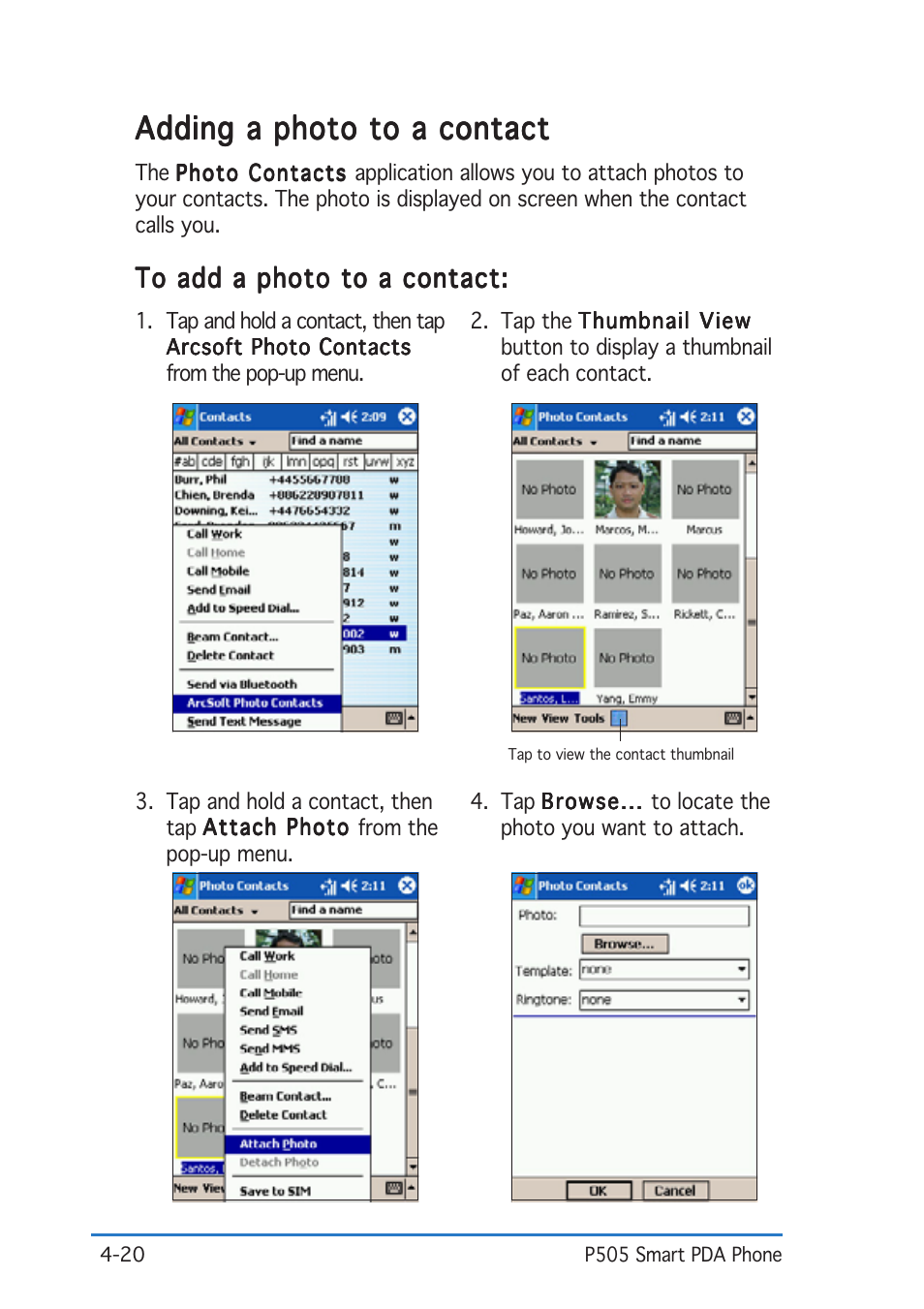 Adding a photo to a contact | Asus P505 User Manual | Page 98 / 326