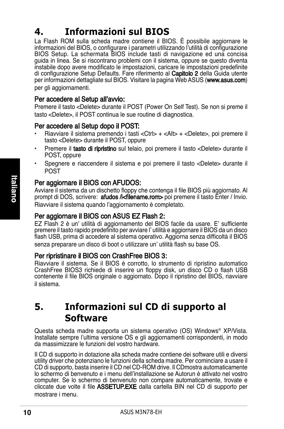 Informazioni sul bios, Informazioni sul cd di supporto al software | Asus M3N78-EH User Manual | Page 10 / 38