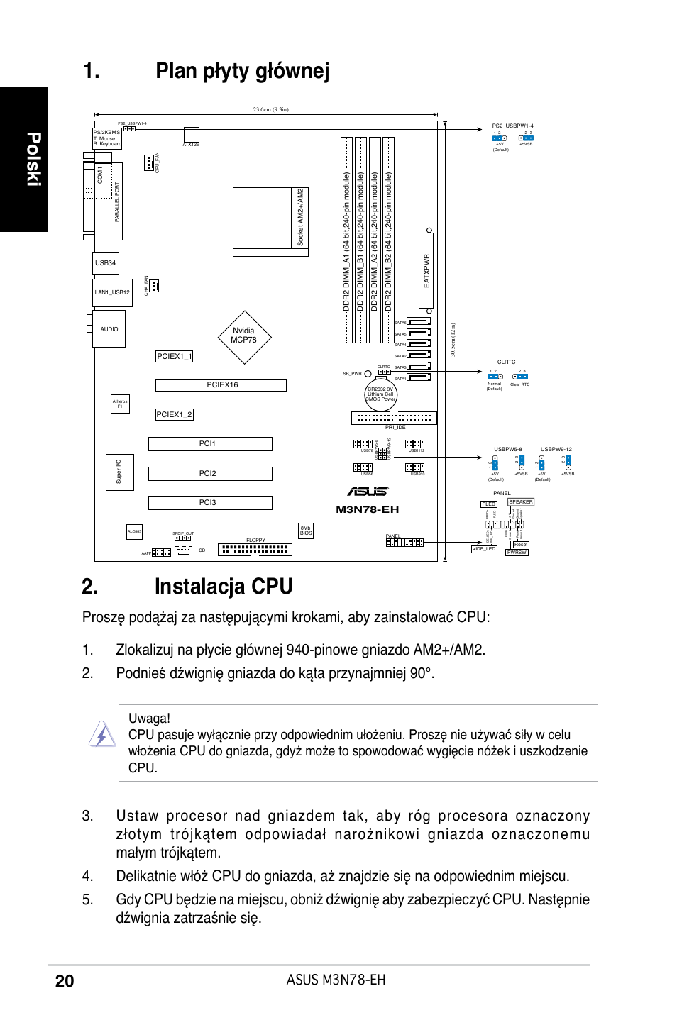 Instalacja cpu, Plan płyty głównej, Polski | Asus m3n78-eh, M3n78-eh | Asus M3N78-EH User Manual | Page 20 / 38