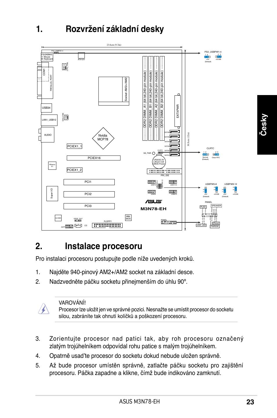 Instalace procesoru, Rozvržení základní desky, Česky | Asus m3n78-eh, M3n78-eh | Asus M3N78-EH User Manual | Page 23 / 38