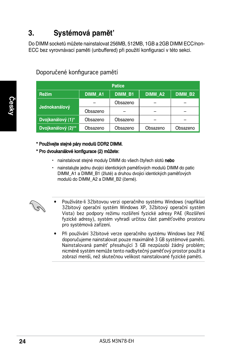 Systémová pamět, Česky, Doporučené konfigurace pamětí | Asus M3N78-EH User Manual | Page 24 / 38