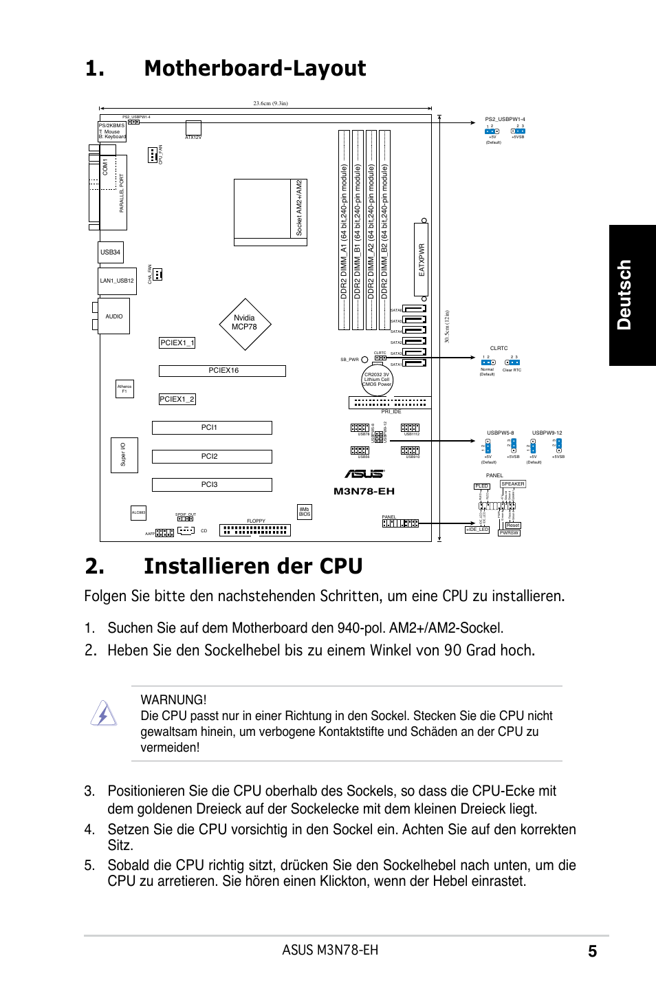 Motherboard-layout 2. installieren der cpu, Deutsch, Asus m3n78-eh | M3n78-eh | Asus M3N78-EH User Manual | Page 5 / 38