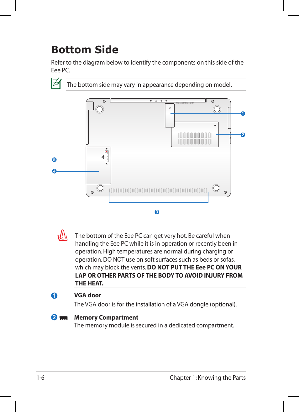 Bottom side, Bottom side -6 | Asus Eee PC 1008P User Manual | Page 14 / 66