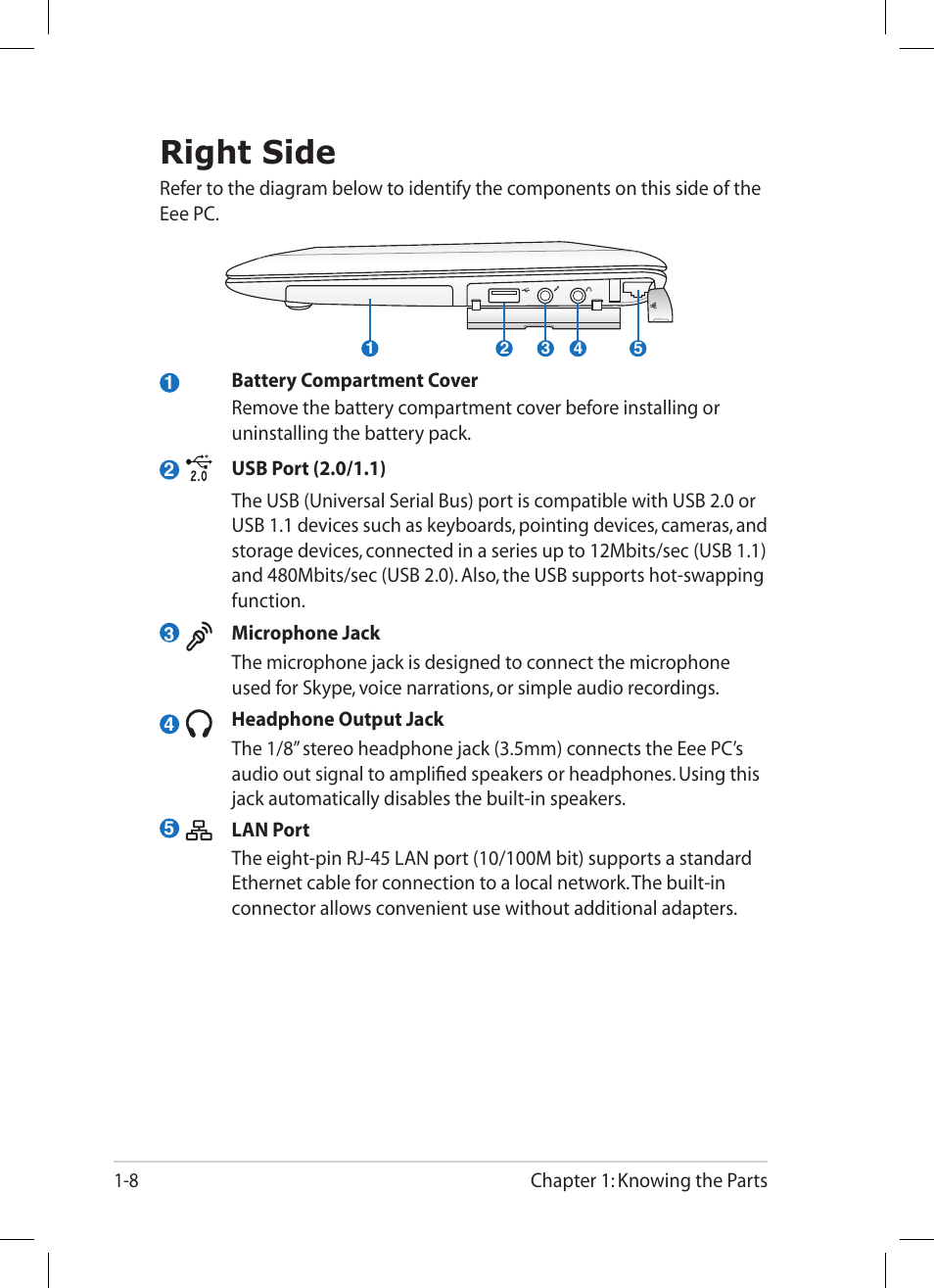 Right side, Right side -8 | Asus Eee PC 1008P User Manual | Page 16 / 66