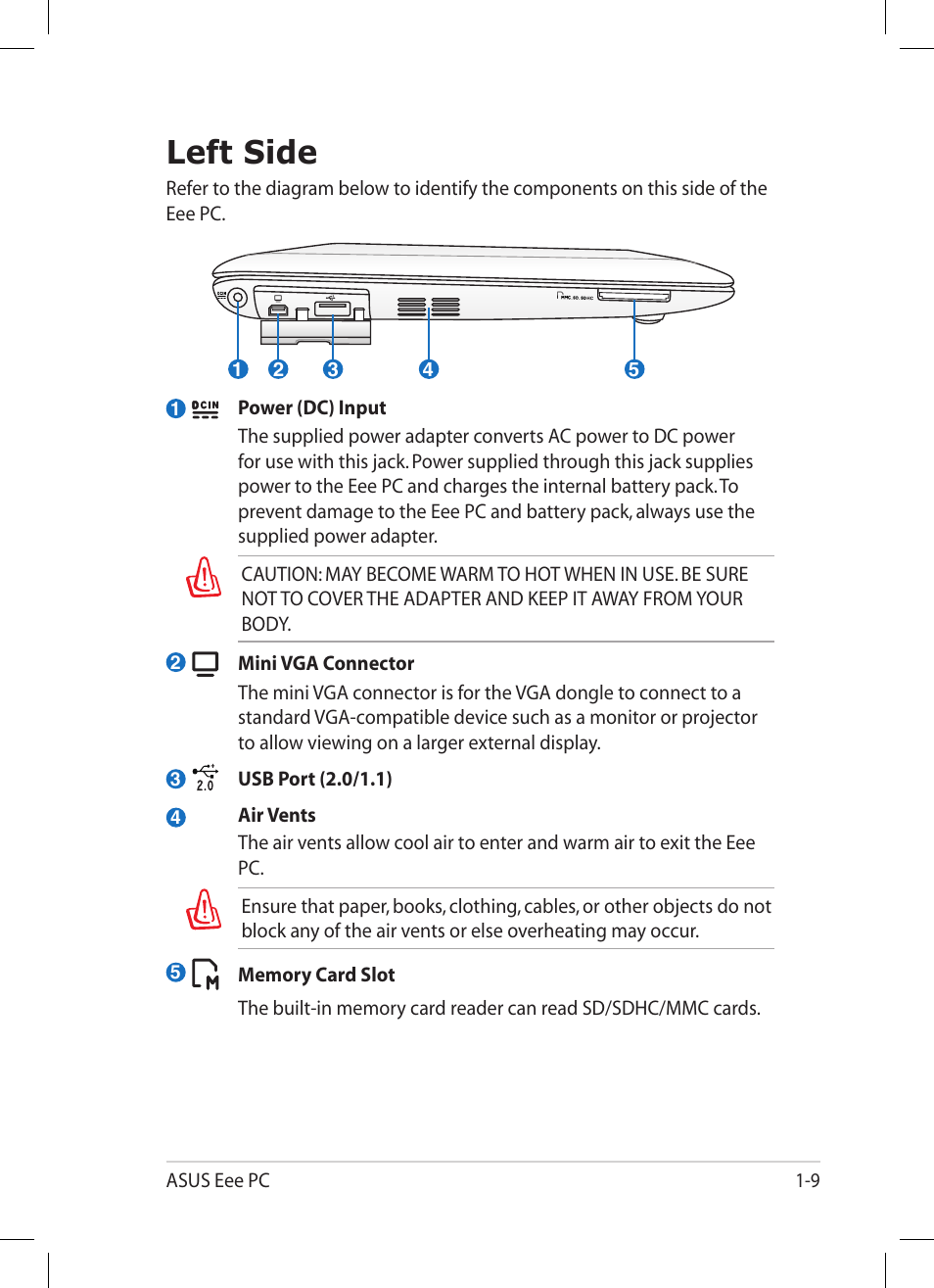 Left side, Left side -9 | Asus Eee PC 1008P User Manual | Page 17 / 66