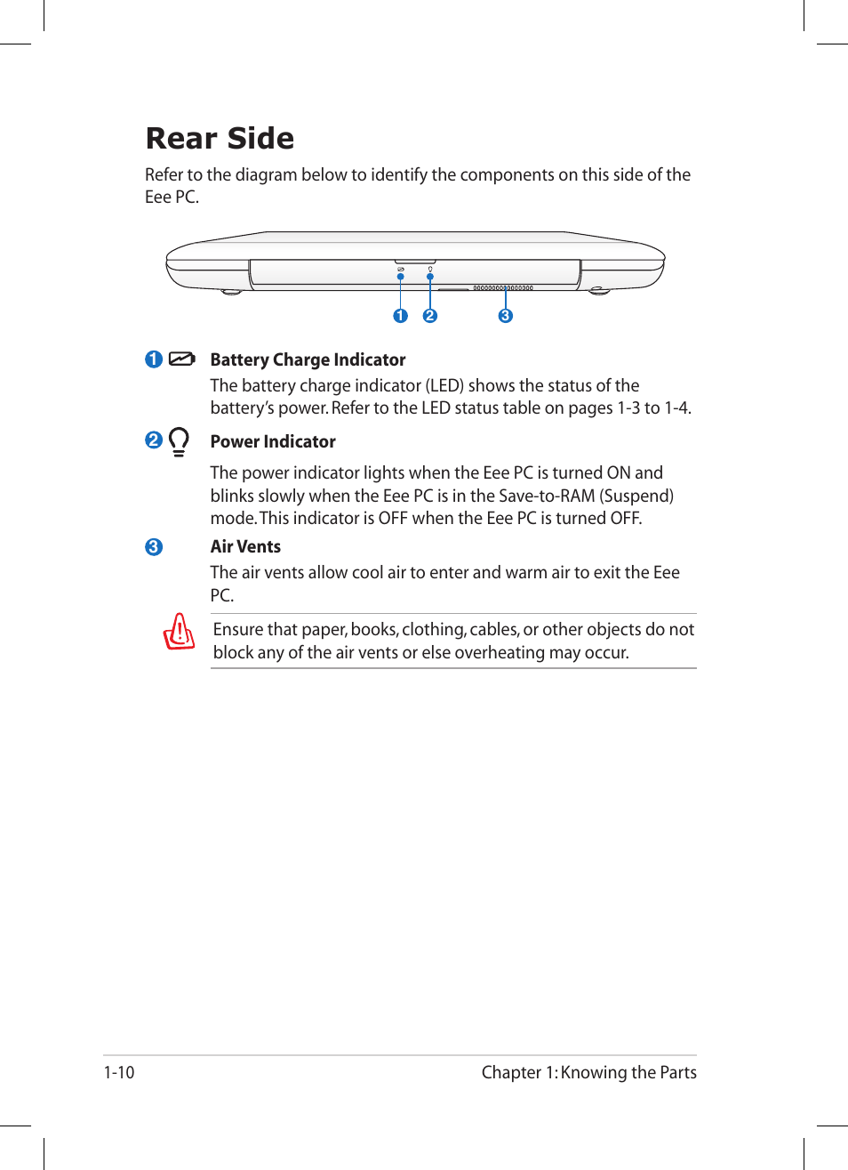 Rear side, Rear side -10 | Asus Eee PC 1008P User Manual | Page 18 / 66