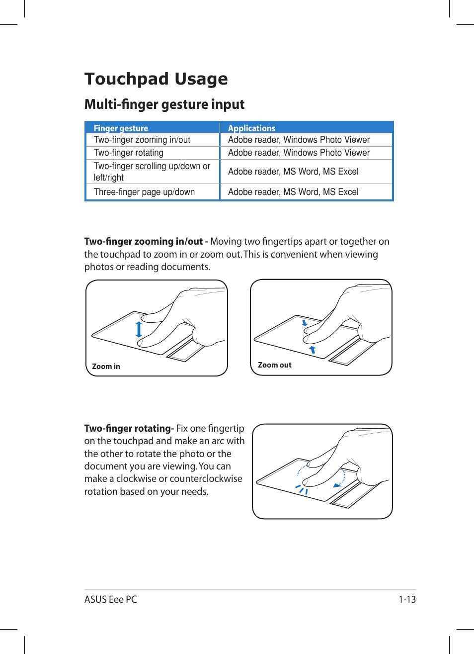 Touchpad usage, Multi-finger gesture input, Touchpad usage -13 | Multi-finger gesture input -13 | Asus Eee PC 1008P User Manual | Page 21 / 66