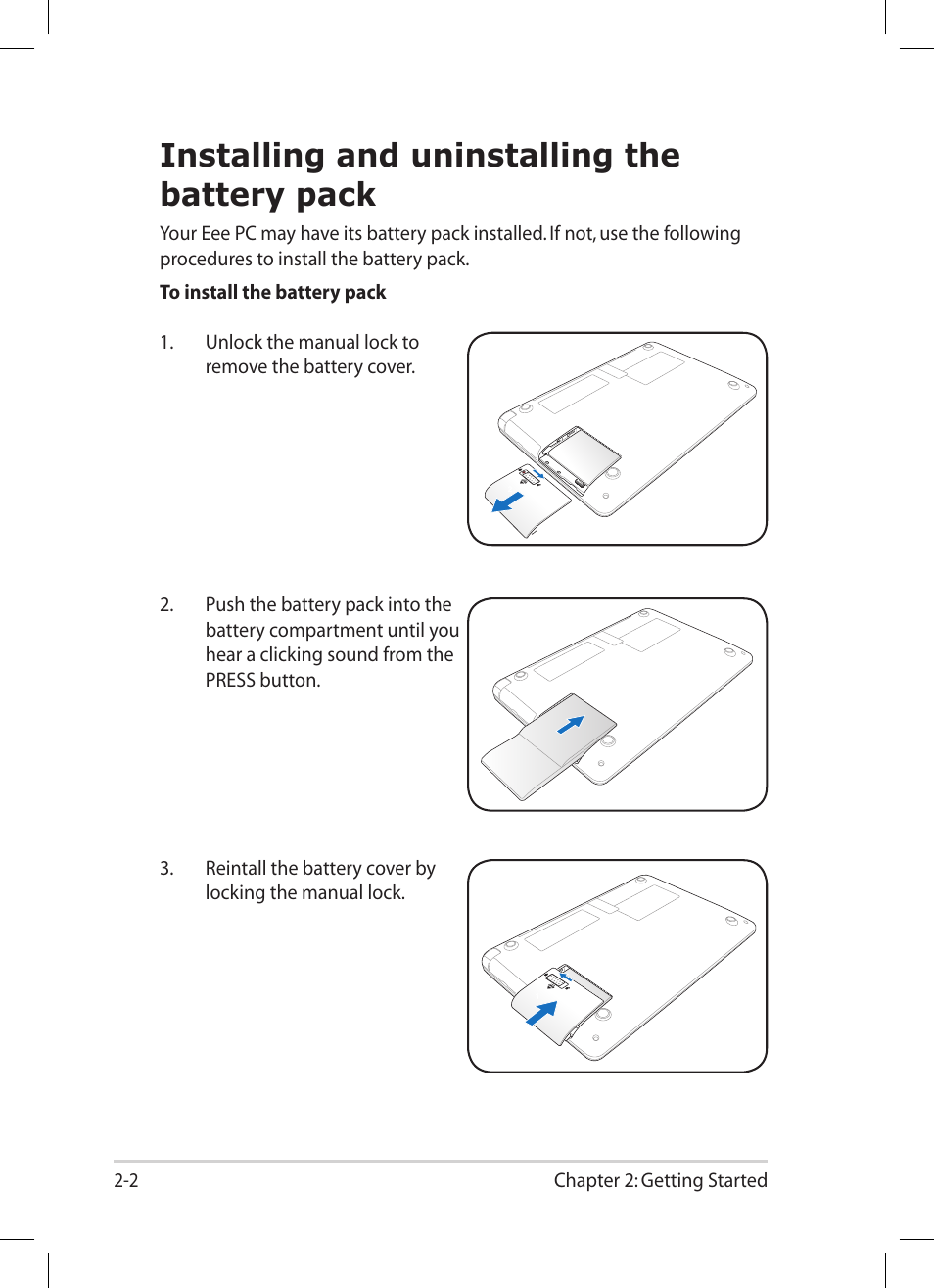 Installing and uninstalling the battery pack, Installing and uninstalling the battery pack -2 | Asus Eee PC 1008P User Manual | Page 24 / 66