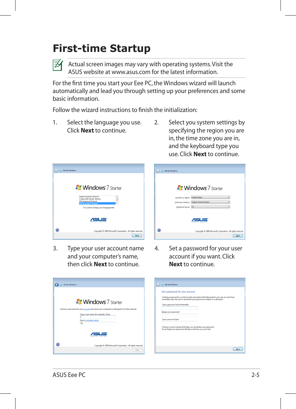 First-time startup, First-time startup -5 | Asus Eee PC 1008P User Manual | Page 27 / 66