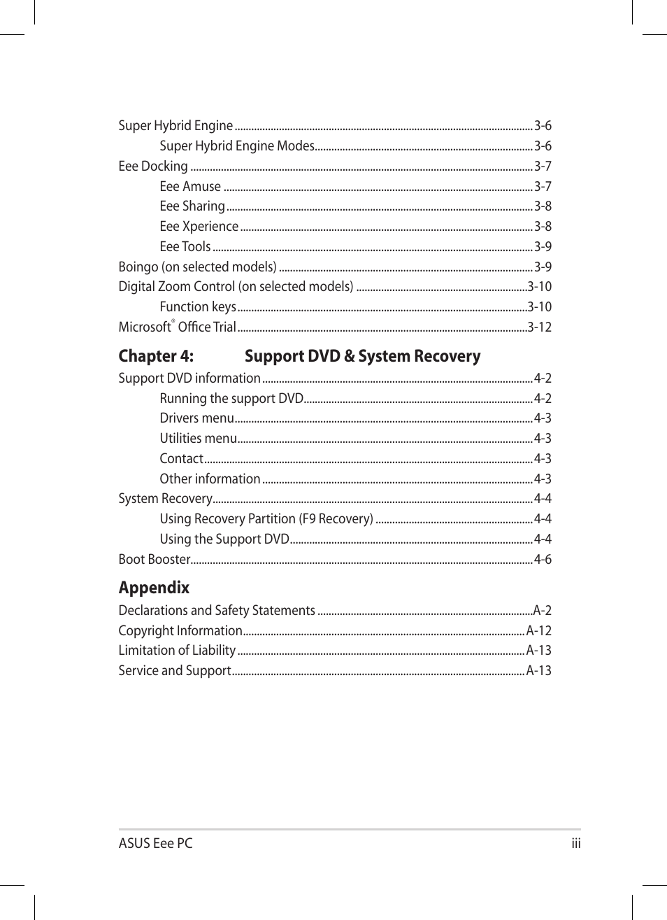 Chapter 4: support dvd & system recovery, Appendix | Asus Eee PC 1008P User Manual | Page 3 / 66