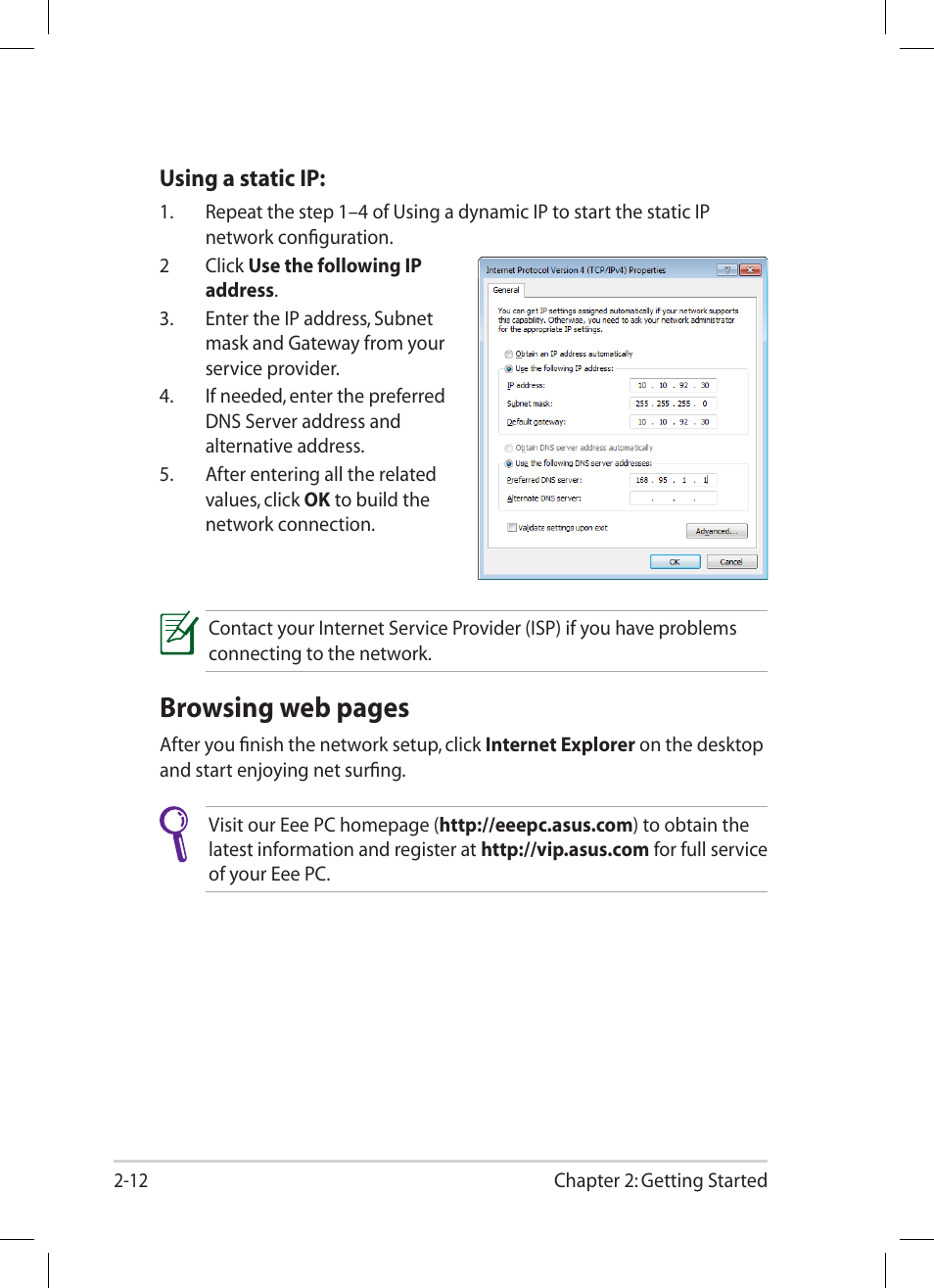 Browsing web pages | Asus Eee PC 1008P User Manual | Page 34 / 66