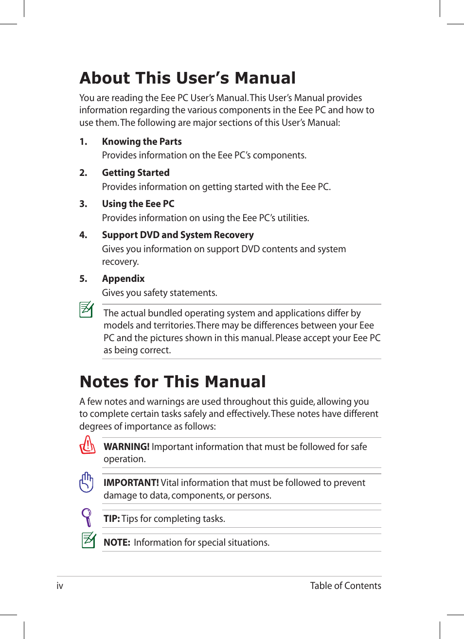 About this user’s manual, Notes for this manual | Asus Eee PC 1008P User Manual | Page 4 / 66