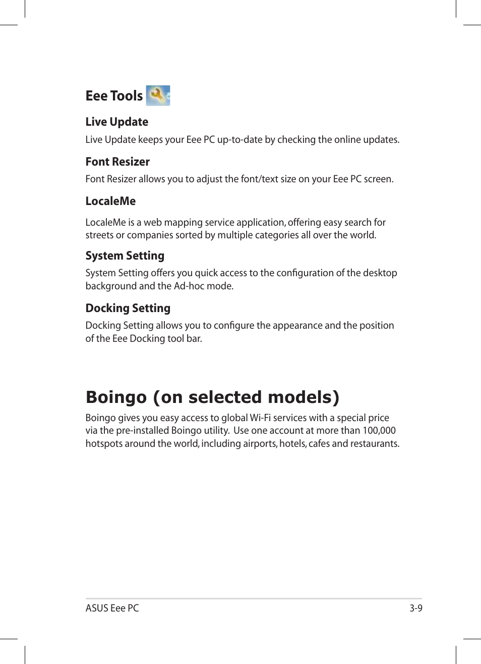 Eee tools, Boingo (on selected models), Eee tools -9 | Boingo (on selected models) -9 | Asus Eee PC 1008P User Manual | Page 43 / 66