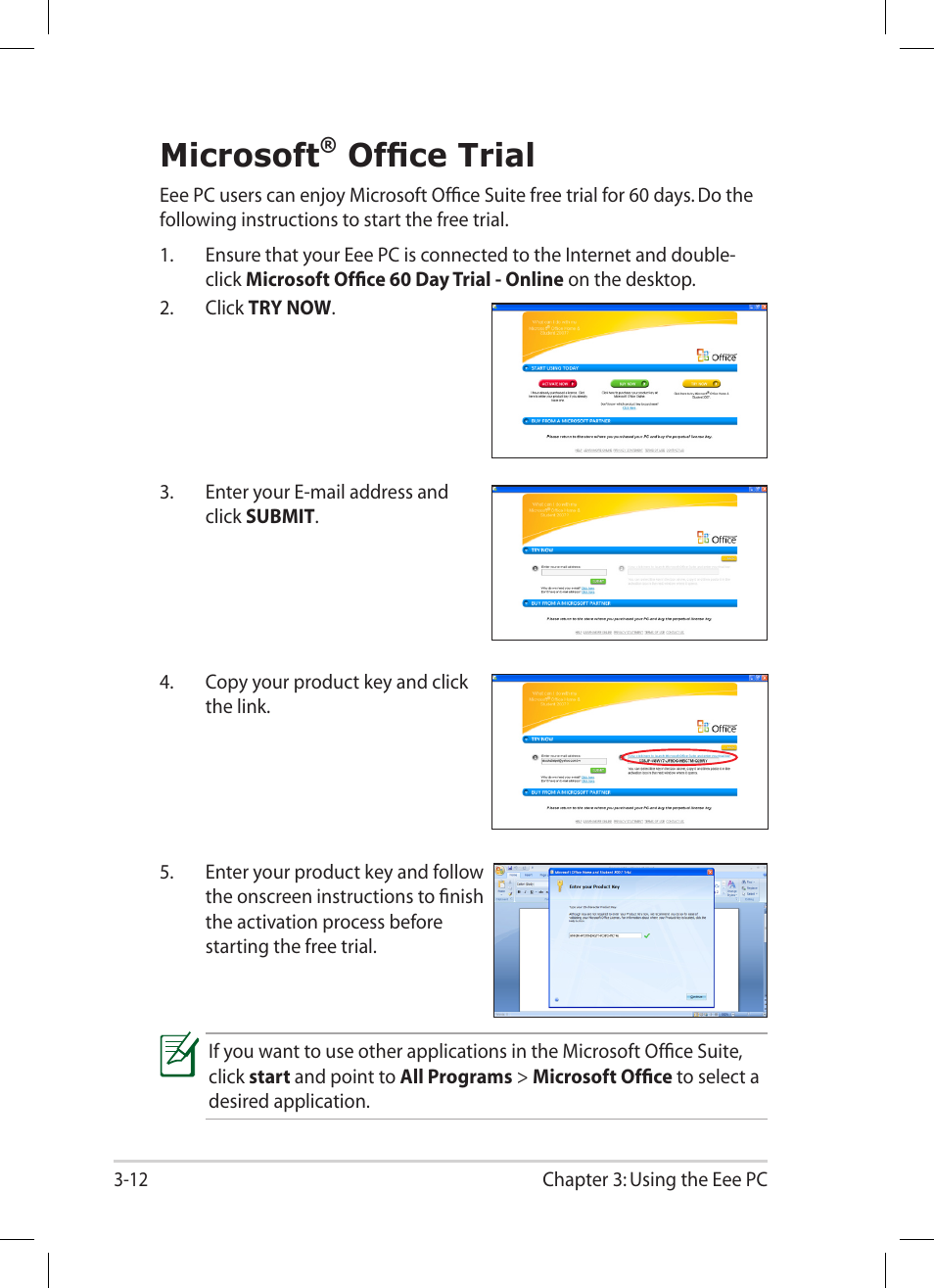 Microsoft® office trial, Microsoft, Office trial -12 | Office trial | Asus Eee PC 1008P User Manual | Page 46 / 66