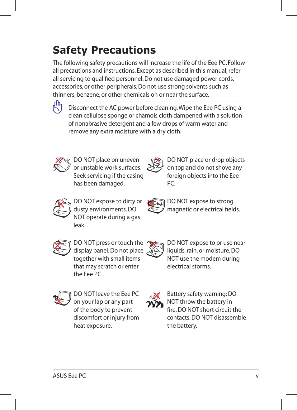 Safety precautions | Asus Eee PC 1008P User Manual | Page 5 / 66