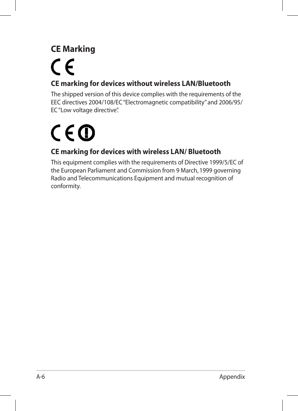 Ce marking | Asus Eee PC 1008P User Manual | Page 58 / 66