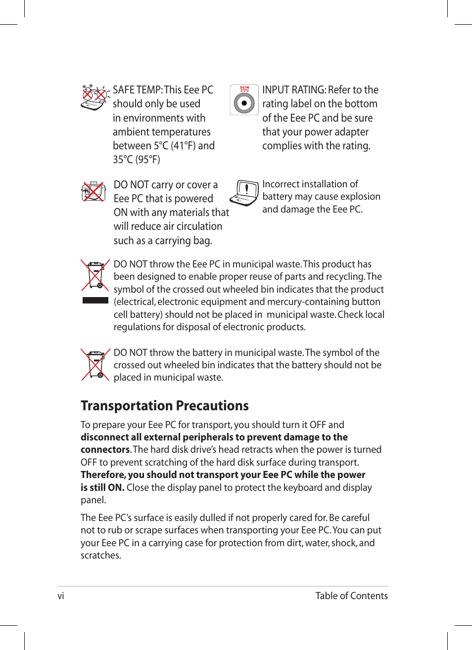 Transportation precautions | Asus Eee PC 1008P User Manual | Page 6 / 66