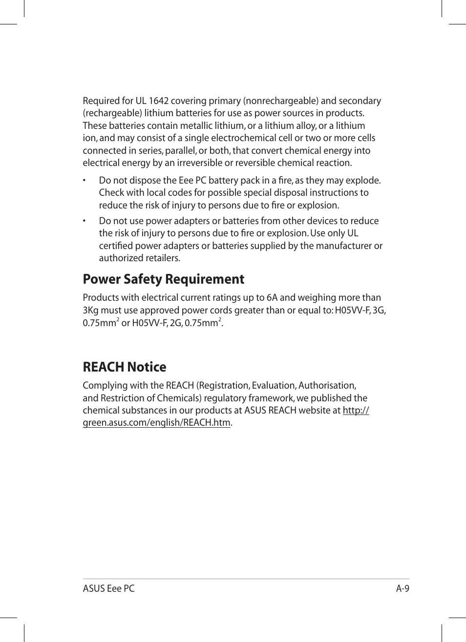 Power safety requirement, Reach notice | Asus Eee PC 1008P User Manual | Page 61 / 66