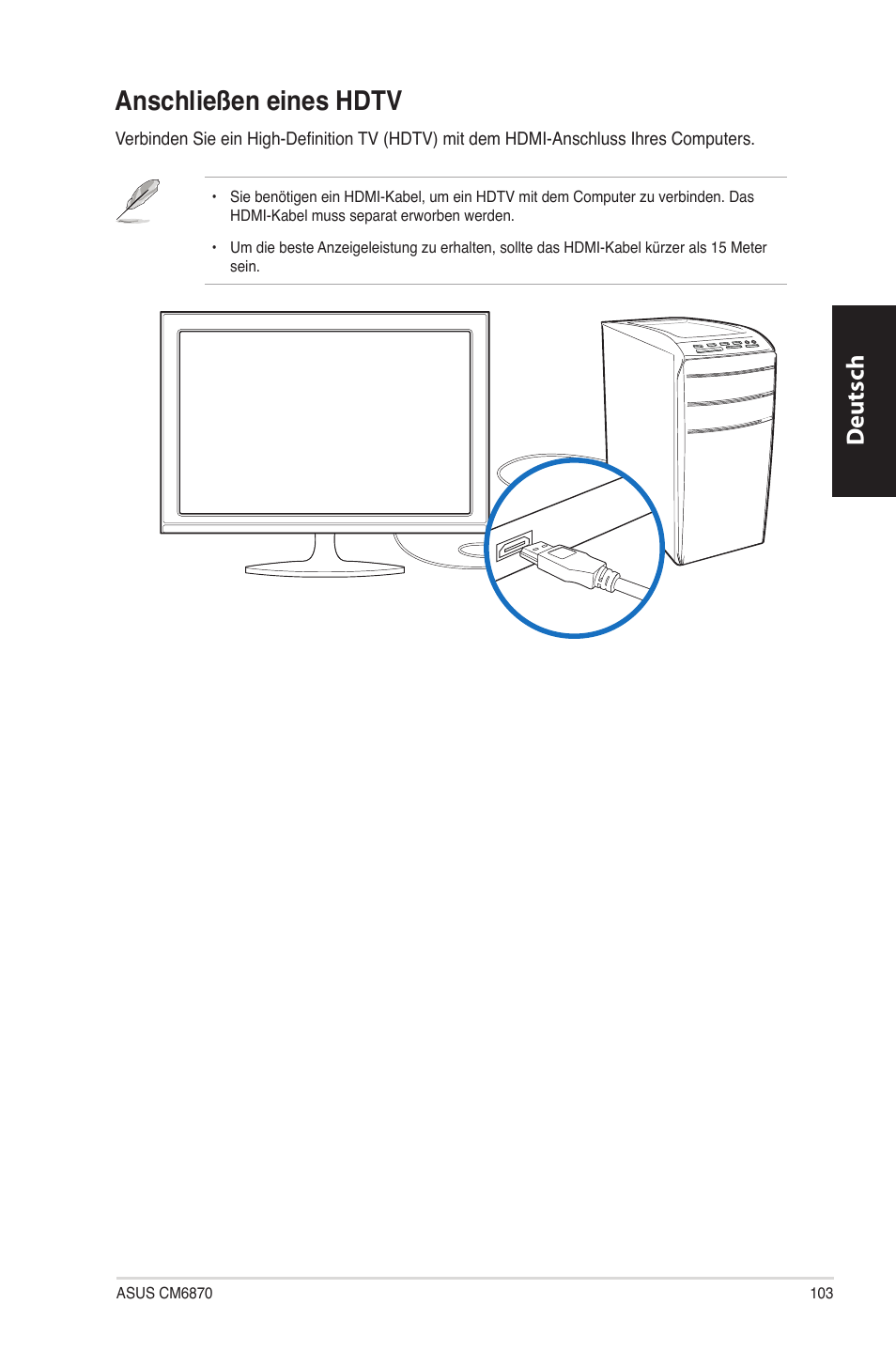 Anschließen eines hdtv, Anschließen.eines.hdt, Deutsch d eutsch | Asus CM6870 User Manual | Page 105 / 494