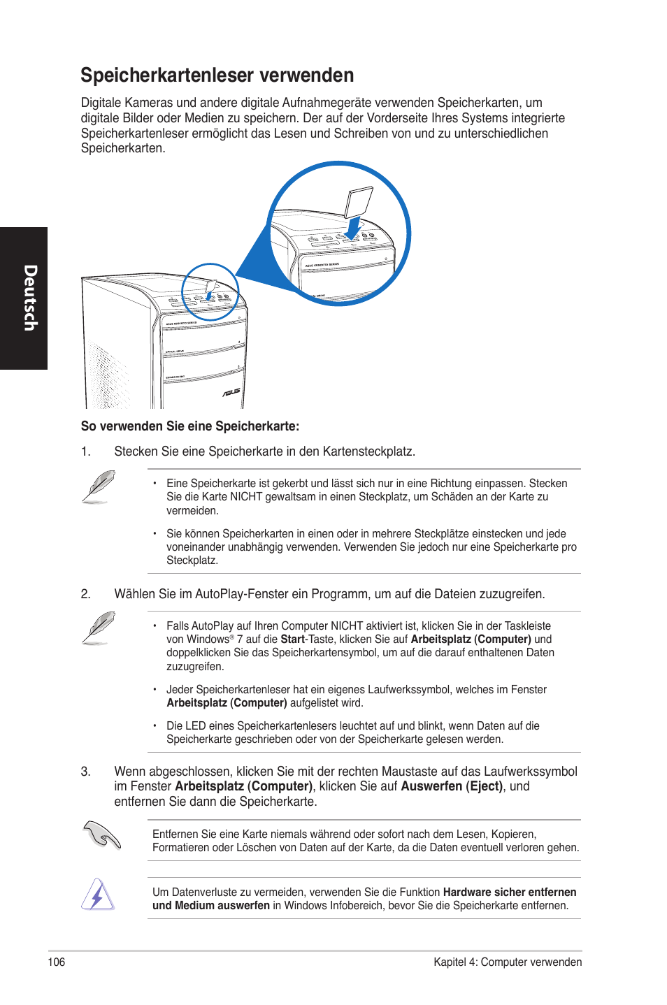 Speicherkartenleser verwenden, Speicherkartenleser.verwenden, Deutsch d eutsch d eutsch d eutsch | Asus CM6870 User Manual | Page 108 / 494