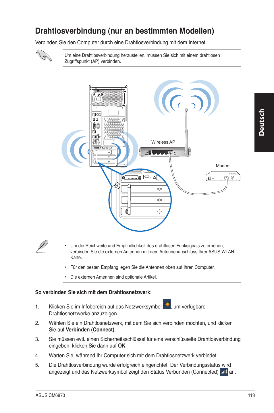 Drahtlosverbindung (nur an bestimmten modellen), Drahtlosverbindung.�nur.an.bestimmten.modellen, Deutsch d eutsch | Asus CM6870 User Manual | Page 115 / 494