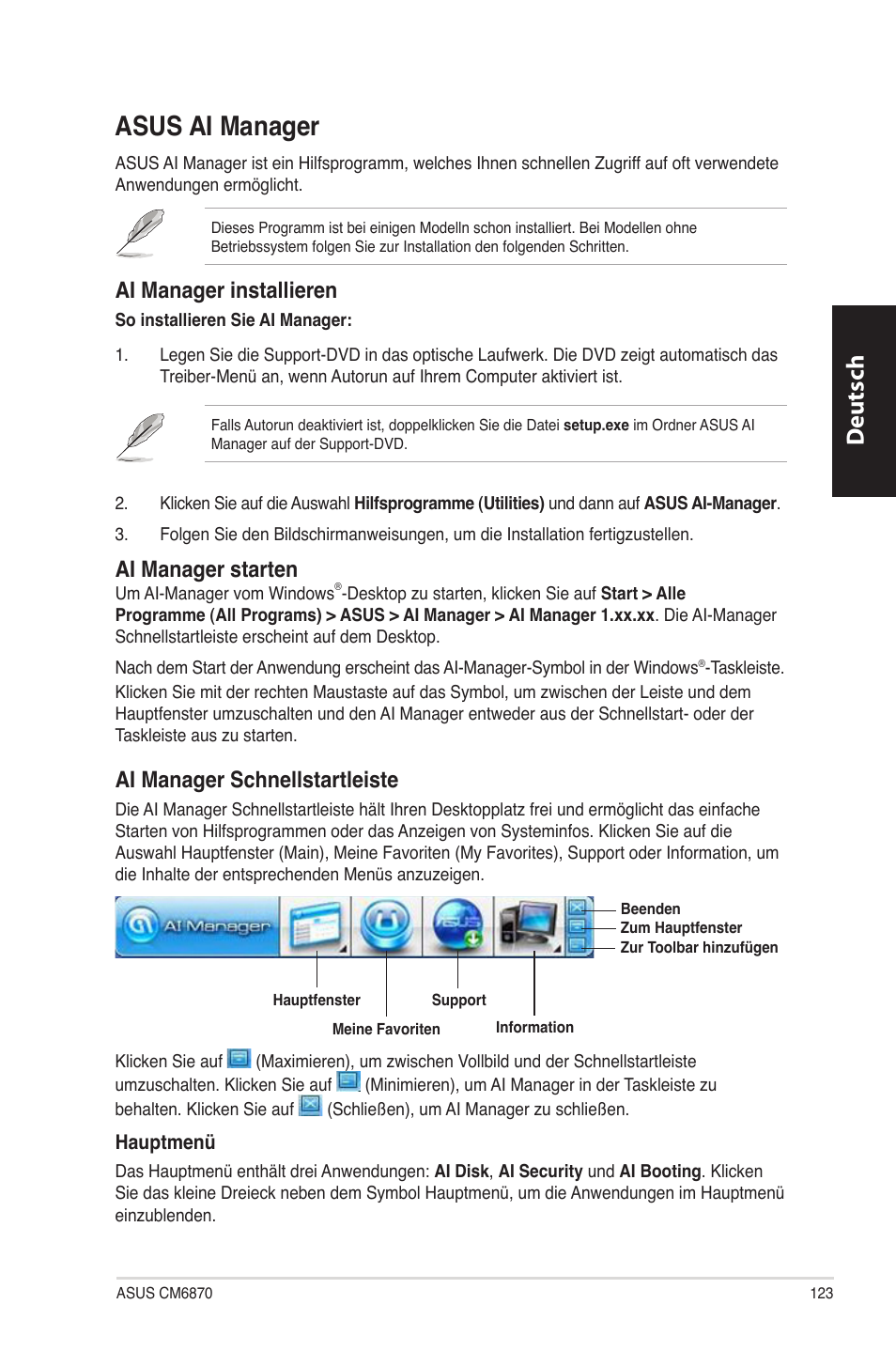 Asus ai manager, Asus.ai.manager, Deutsch d eutsch | Ai.manager.installieren, Ai.manager.starten, Ai.manager.schnellstartleiste | Asus CM6870 User Manual | Page 125 / 494