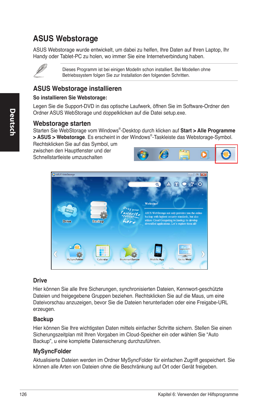 Asus webstorage, Asus webstorage 6, Asus.webstorage | Deutsch d eutsch d eutsch d eutsch, Asus.webstorage.installieren, Webstorage.starten | Asus CM6870 User Manual | Page 128 / 494