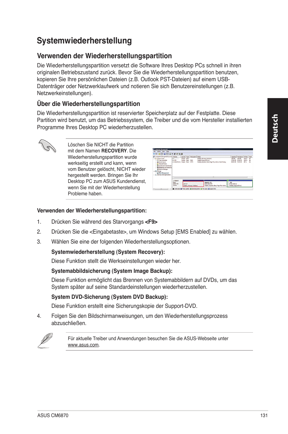 Systemwiederherstellung, Systemwiederherstellung 1, Deutsch d eutsch | Erwenden.der.wiederherstellungspartition | Asus CM6870 User Manual | Page 133 / 494