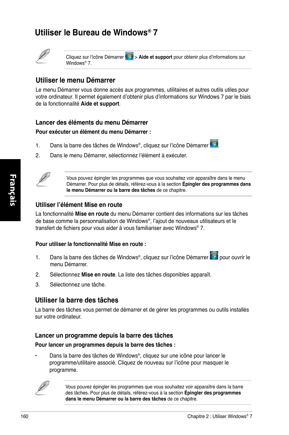 Utiliser le bureau de windows® 7, Utiliser le bureau de windows, Utiliser le menu démarrer | Utiliser la barre des tâches | Asus CM6870 User Manual | Page 162 / 494