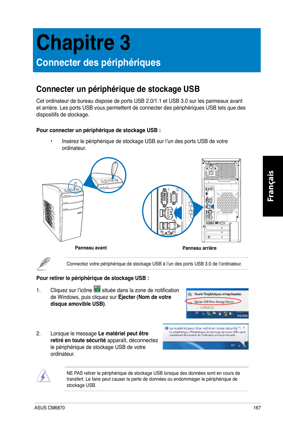 Chapitre 3, Connecter des périphériques, Connecter un périphérique de stockage usb | Fr anç ais fr anç ais, Connecter un périphérique de stoc�age usb | Asus CM6870 User Manual | Page 169 / 494