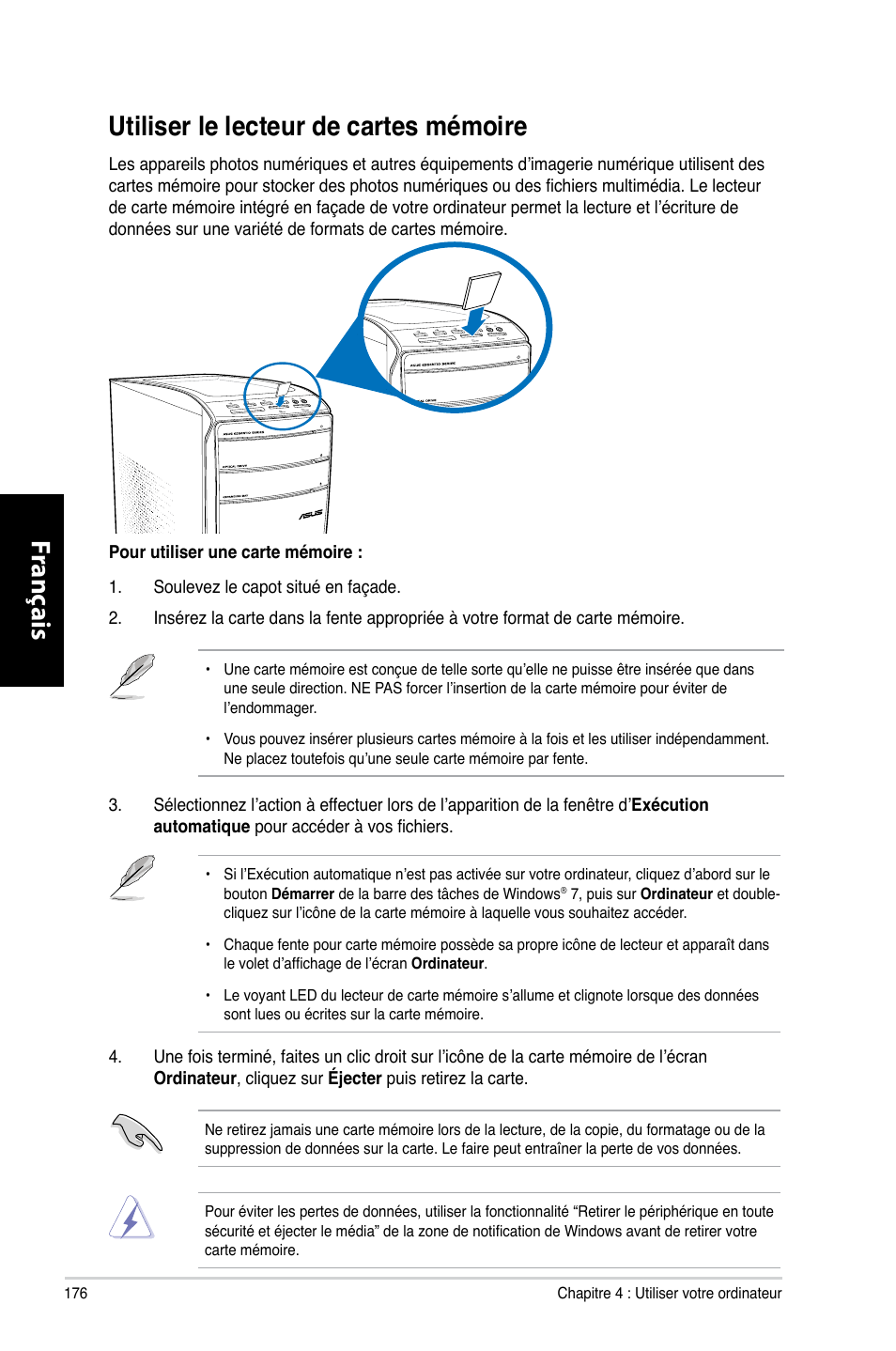 Utiliser le lecteur de cartes mémoire, Fr anç ais fr anç ais fr anç ais fr anç ais | Asus CM6870 User Manual | Page 178 / 494