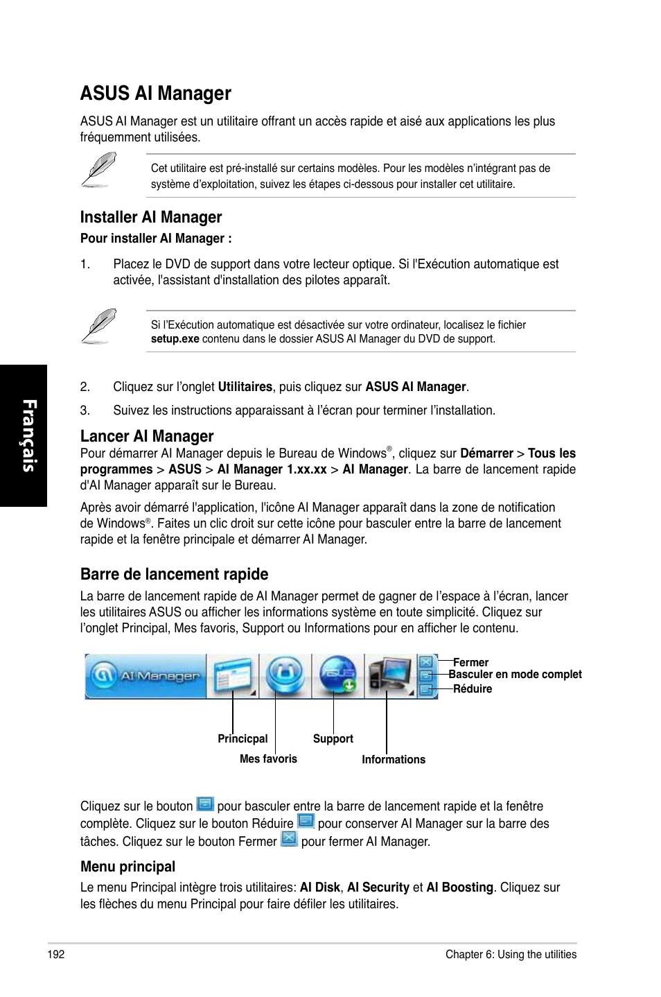 Asus ai manager, Fr anç ais fr anç ais fr anç ais fr anç ais, Barre de lancement rapide | Installer ai manager, Lancer ai manager | Asus CM6870 User Manual | Page 194 / 494