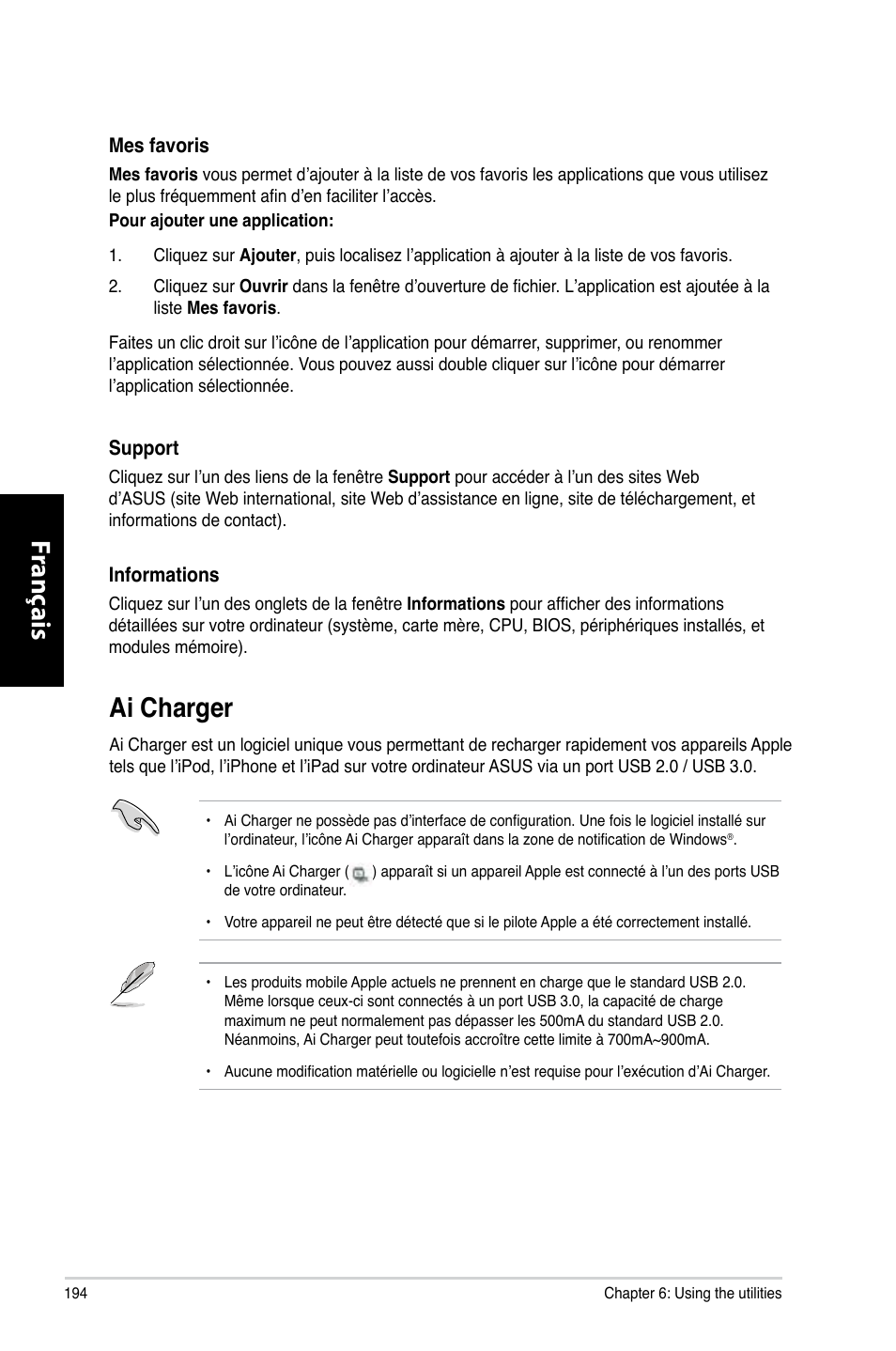 Ai charger, Fr anç ais fr anç ais fr anç ais fr anç ais | Asus CM6870 User Manual | Page 196 / 494