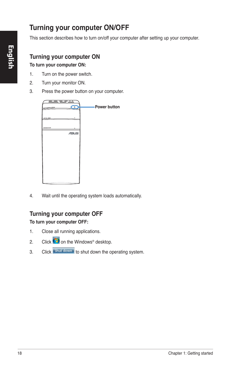 Turning your computer on/off, English | Asus CM6870 User Manual | Page 20 / 494