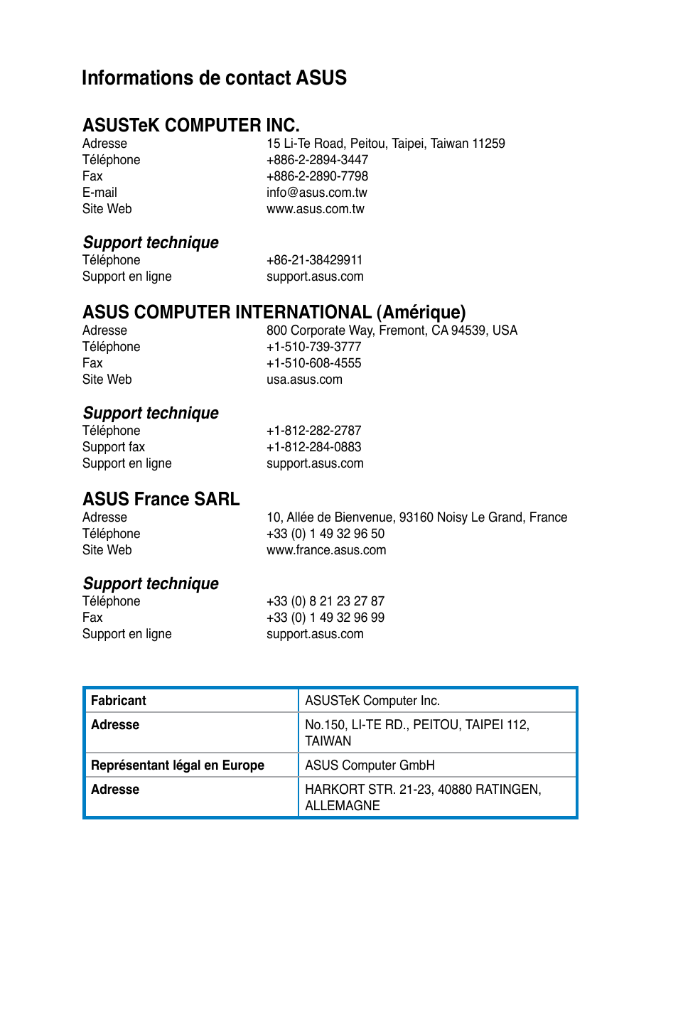 Informations de contact asus, Asustek computer inc, Asus computer international �amérique | Asus france sarl, Support technique | Asus CM6870 User Manual | Page 212 / 494