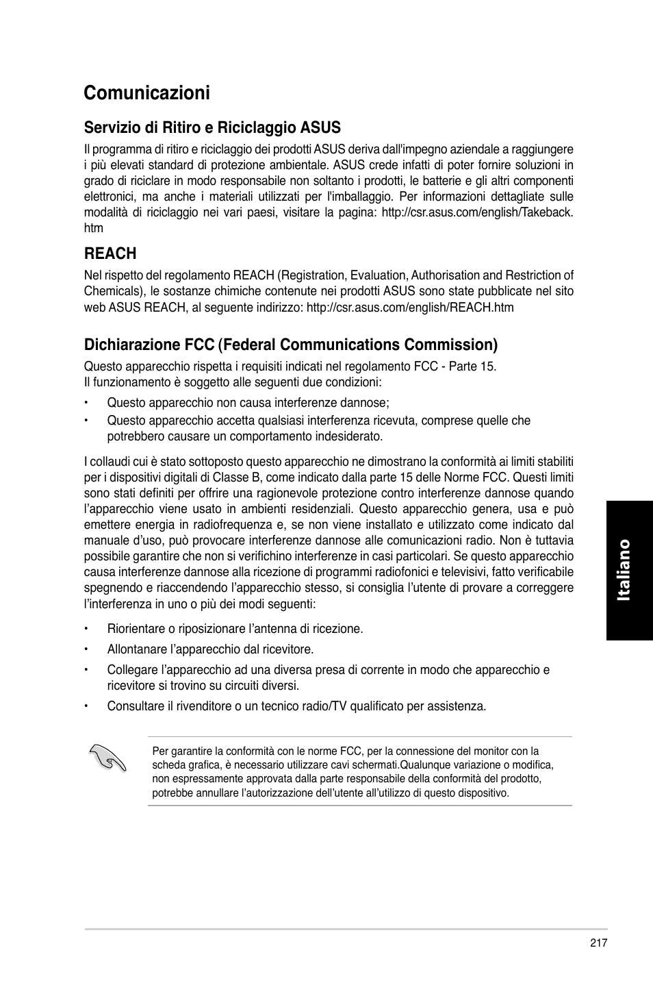Comunicazioni, Italiano, Servizio di ritiro e riciclaggio asus | Reach, Dichiarazione fcc, Federal communications commission | Asus CM6870 User Manual | Page 219 / 494