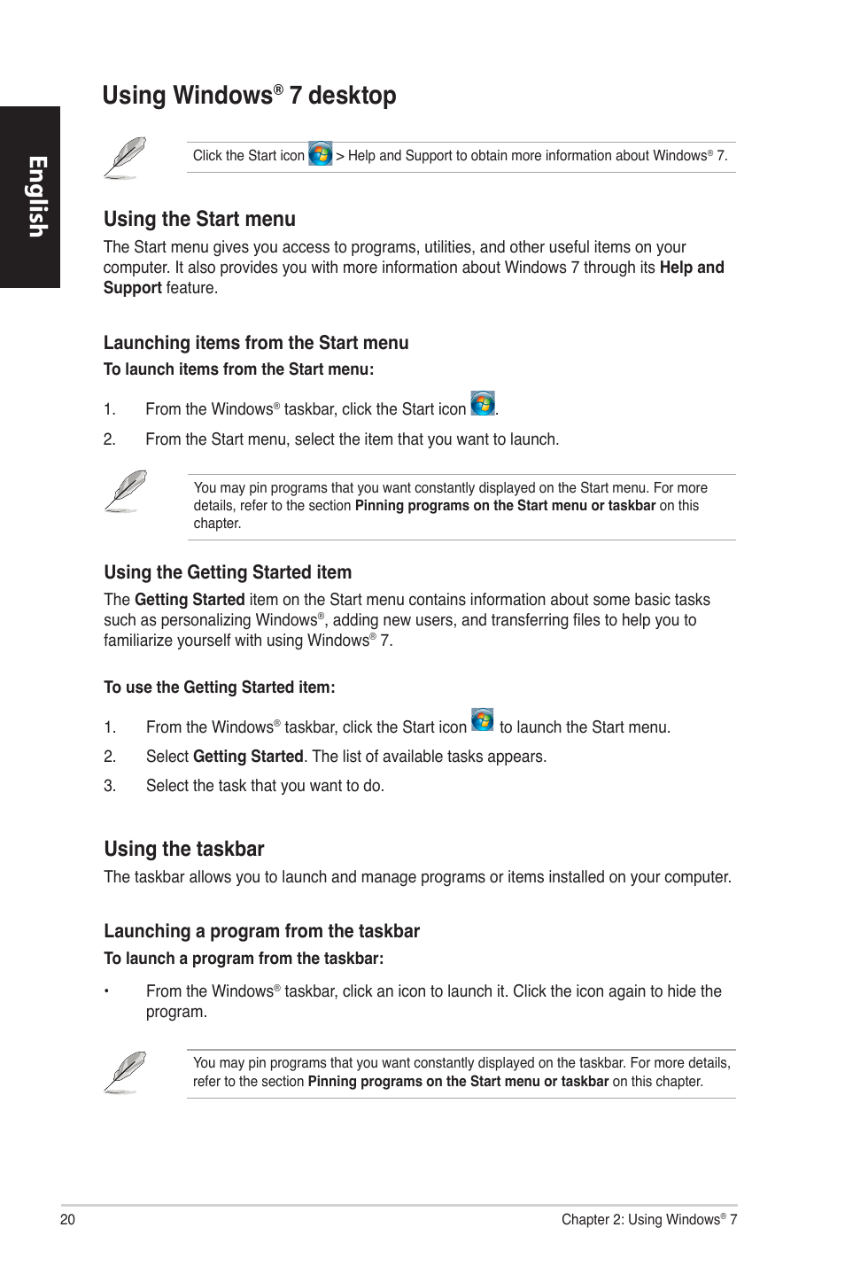 Using windows® 7 desktop, Using windows, English | English using.windows, Desktop, Using.the.start.menu, Using.the.taskbar | Asus CM6870 User Manual | Page 22 / 494